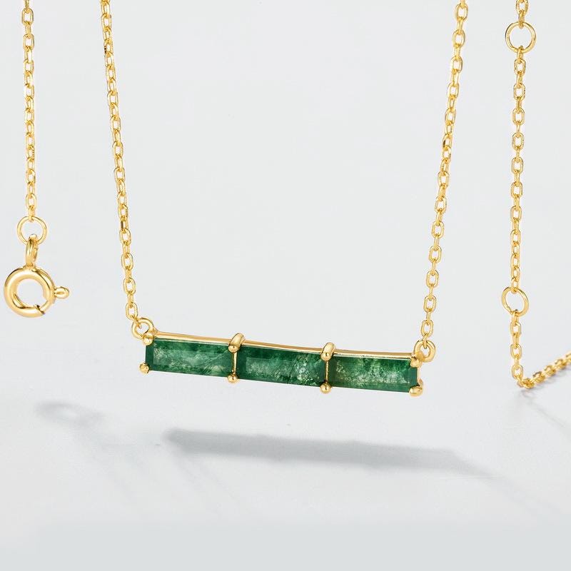 Minimalist baguette cut moss agate wedding set solitaire yellow gold moss agate pendant necklace rose gold agate earrings anniversary gifts - PENFINE