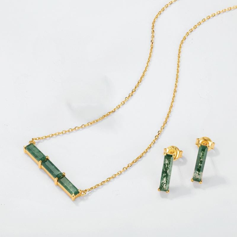 Minimalist baguette cut moss agate wedding set solitaire yellow gold moss agate pendant necklace rose gold agate earrings anniversary gifts - PENFINE