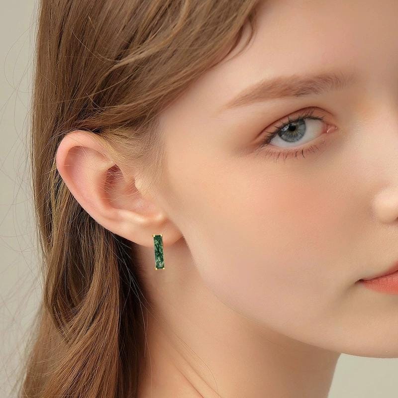 Minimalist baguette cut moss agate wedding set solitaire yellow gold moss agate pendant necklace rose gold agate earrings anniversary gifts - PENFINE