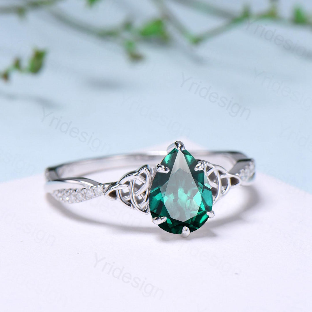 Celtic Knot Pear Shaped Emerald Engagement Ring For Women Unique Norse Viking infinity Moissanite Wedding Ring Spilt Shank Anniversary gifts - PENFINE