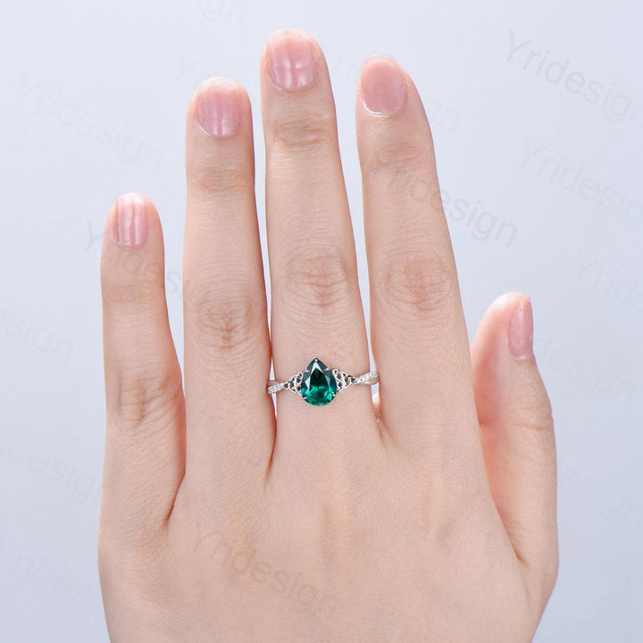 Celtic Knot Pear Shaped Emerald Engagement Ring For Women Unique Norse Viking infinity Moissanite Wedding Ring Spilt Shank Anniversary gifts - PENFINE