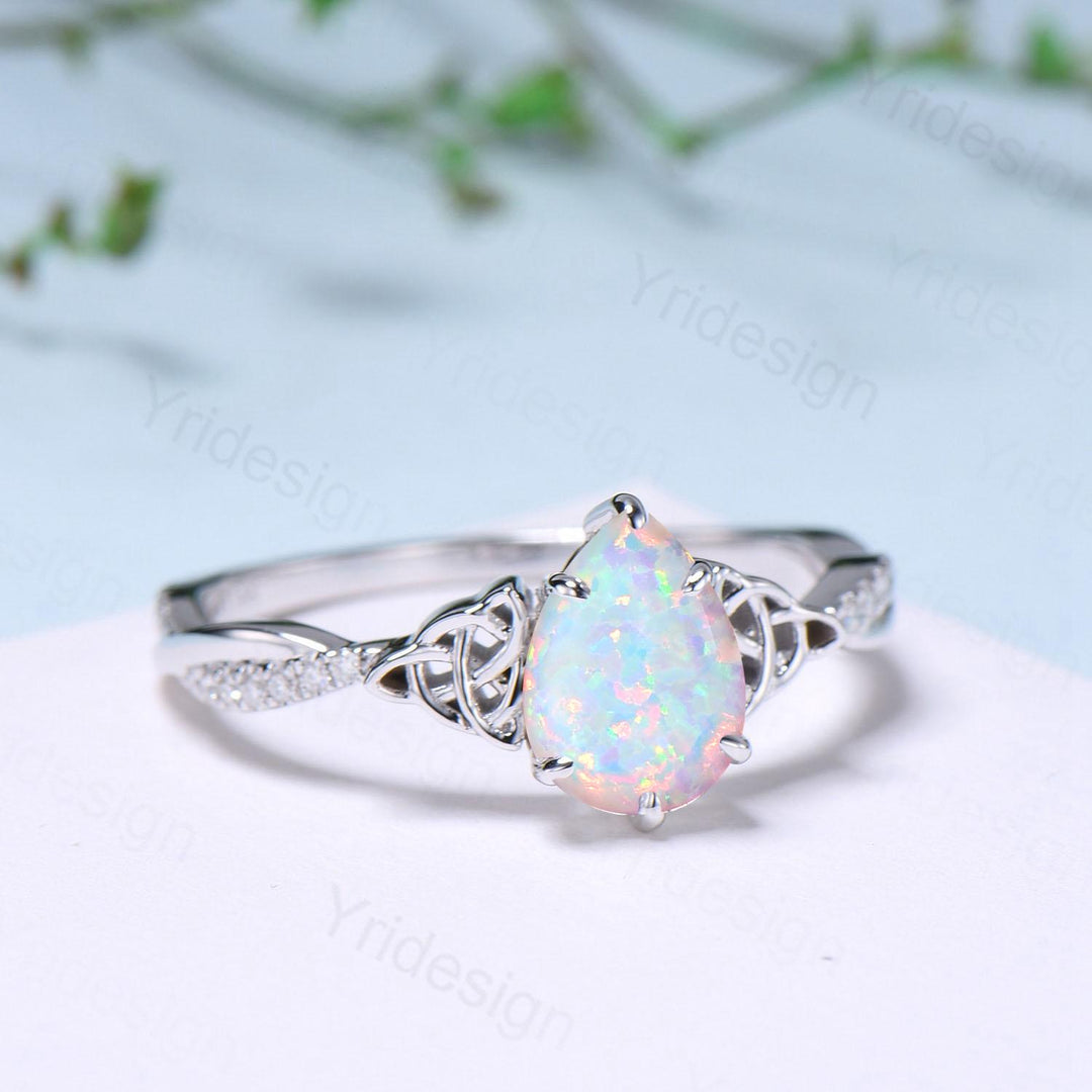 Celtic Knot Pear Shaped Fire Opal Engagement Ring For Women Unique Norse Viking infinity Opal Wedding Ring Spilt Shank Anniversary gifts - PENFINE