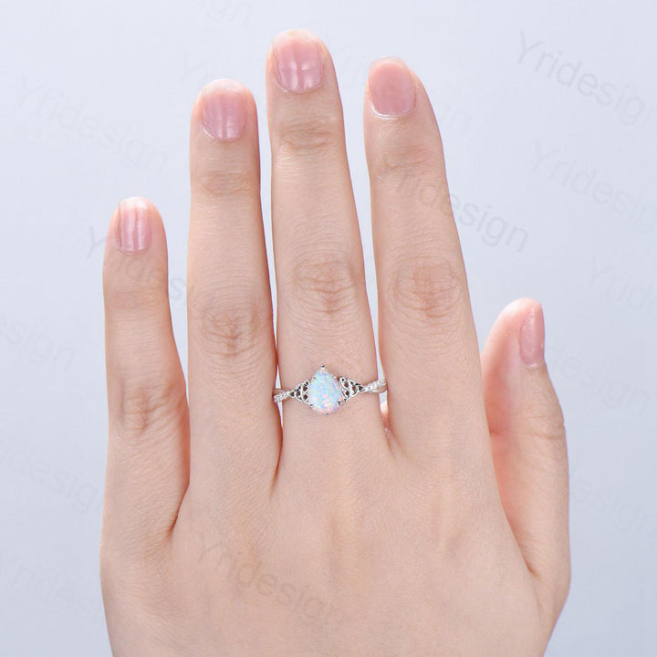 Celtic Knot Pear Shaped Fire Opal Engagement Ring For Women Unique Norse Viking infinity Opal Wedding Ring Spilt Shank Anniversary gifts - PENFINE