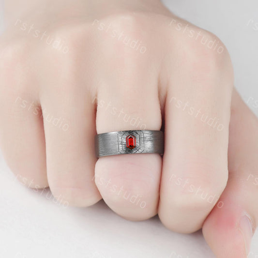 Mens Gothic Red Garnet Ring: Black Gold Hexagon Wedding Band