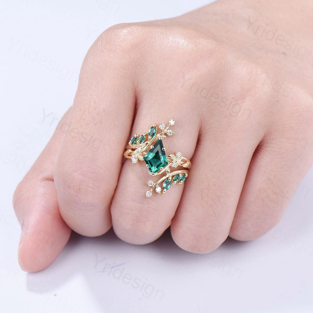 18K yellow gold kite cut emerald engagement ring set cluster emerald diamond engagement ring nature inspired may birthstone wedding ring set - PENFINE