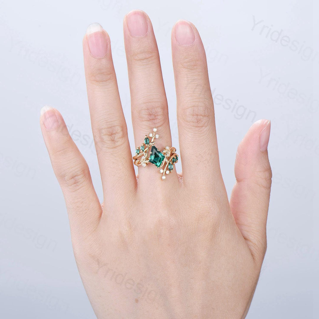 18K yellow gold kite cut emerald engagement ring set cluster emerald diamond engagement ring nature inspired may birthstone wedding ring set - PENFINE