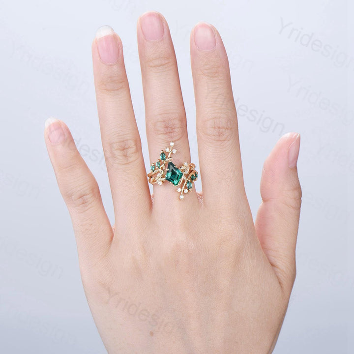 18K yellow gold kite cut emerald engagement ring set cluster emerald diamond engagement ring nature inspired may birthstone wedding ring set - PENFINE