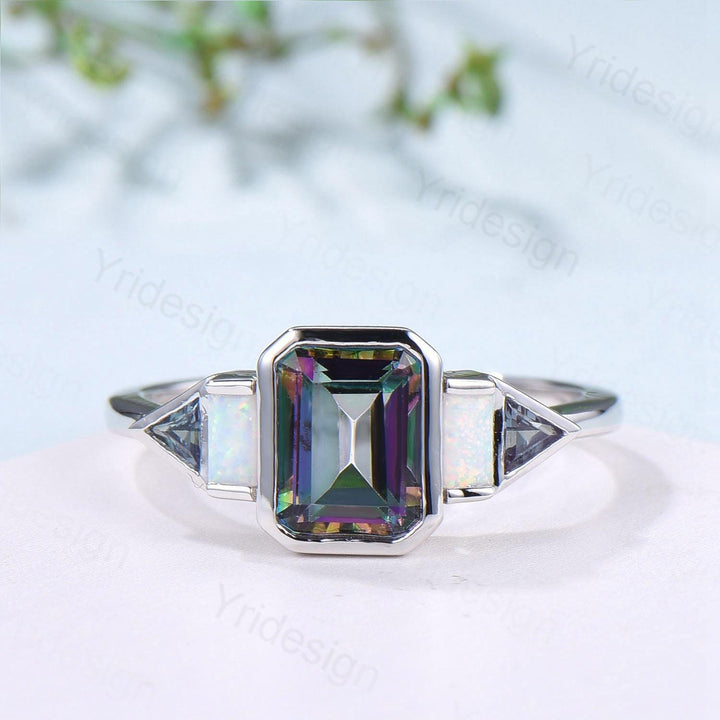 Vintage emerald cut mystic topaz engagement ring Baguette white opal trillion cut alexandrite band unique topaz five stone anniversary ring - PENFINE