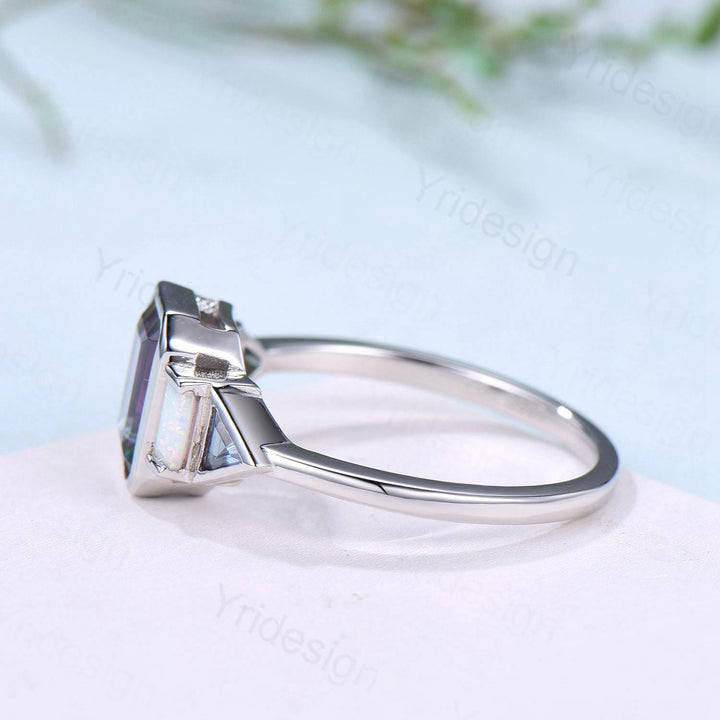 Vintage emerald cut mystic topaz engagement ring Baguette white opal trillion cut alexandrite band unique topaz five stone anniversary ring - PENFINE