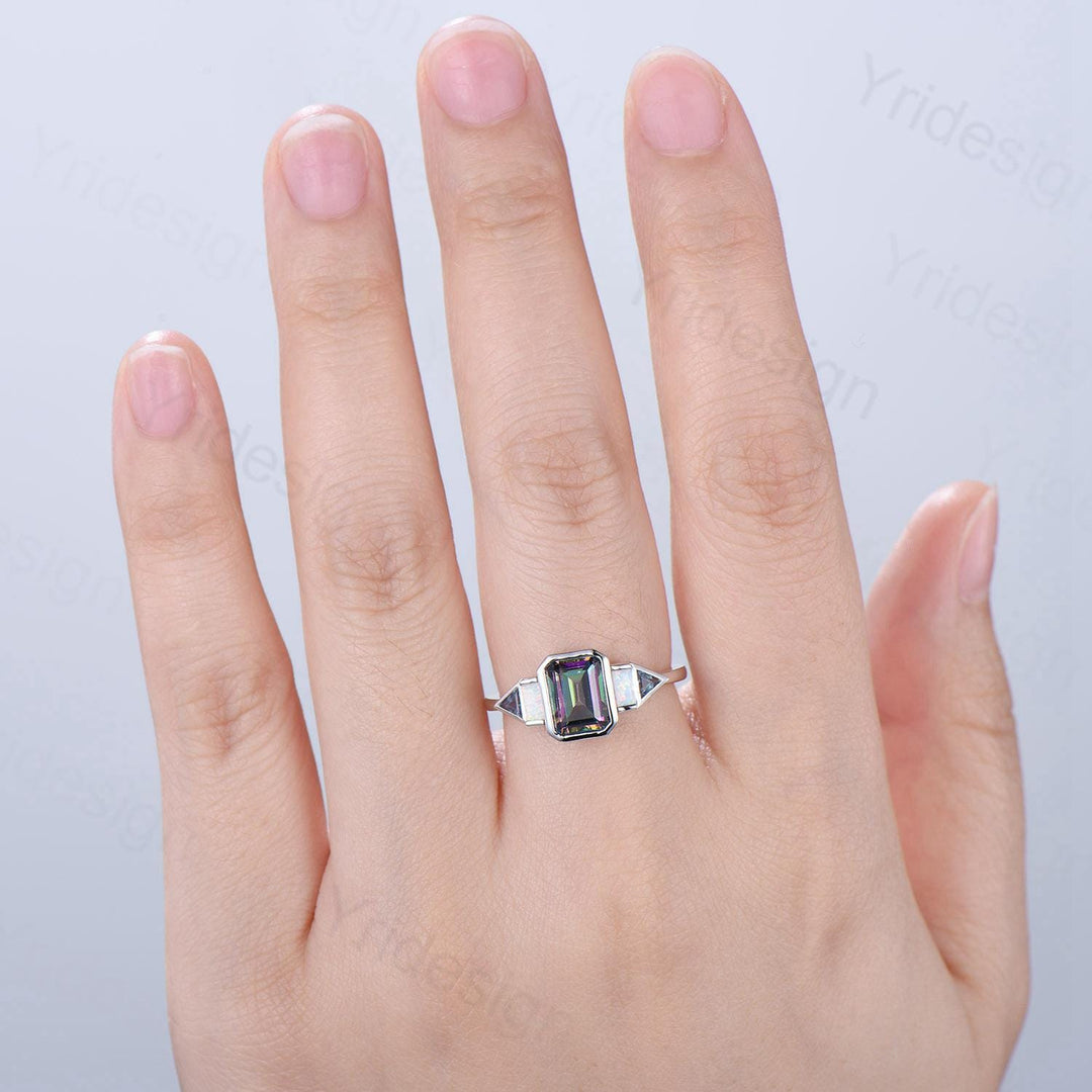 Vintage emerald cut mystic topaz engagement ring Baguette white opal trillion cut alexandrite band unique topaz five stone anniversary ring - PENFINE