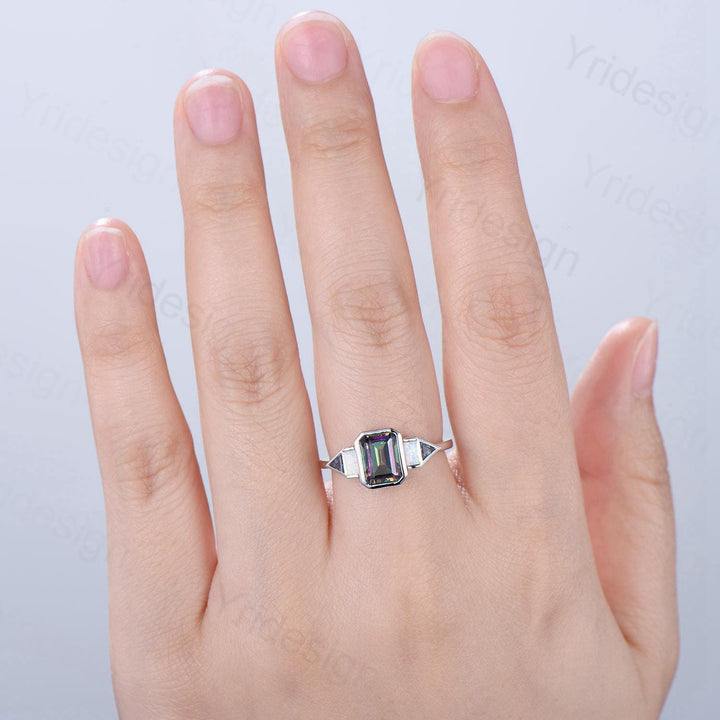 Vintage emerald cut mystic topaz engagement ring Baguette white opal trillion cut alexandrite band unique topaz five stone anniversary ring - PENFINE