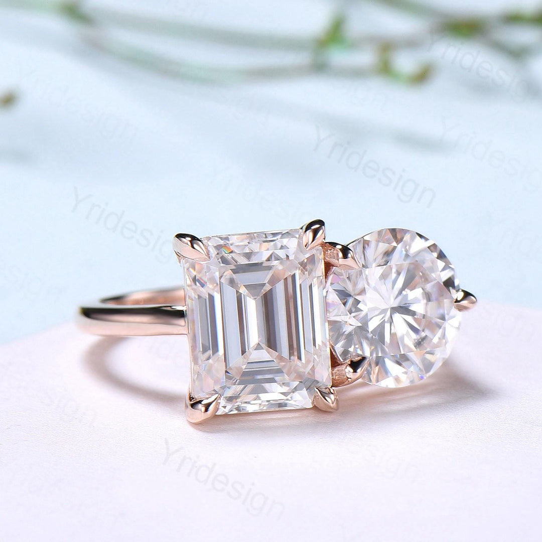 Two stone moissanite engagement ring 14k rose gold emerald round moisaanite plain rose gold wedding ring minimalist anniversary bridal gifts - PENFINE