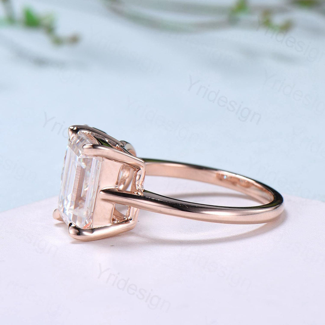 Two stone moissanite engagement ring 14k rose gold emerald round moisaanite plain rose gold wedding ring minimalist anniversary bridal gifts - PENFINE