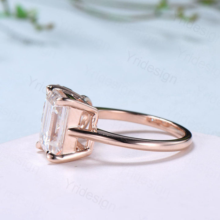 Two stone moissanite engagement ring 14k rose gold emerald round moisaanite plain rose gold wedding ring minimalist anniversary bridal gifts - PENFINE