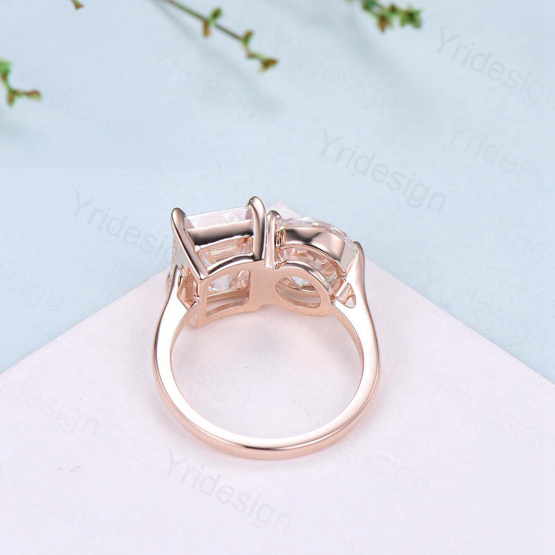 Two stone moissanite engagement ring 14k rose gold emerald round moisaanite plain rose gold wedding ring minimalist anniversary bridal gifts - PENFINE