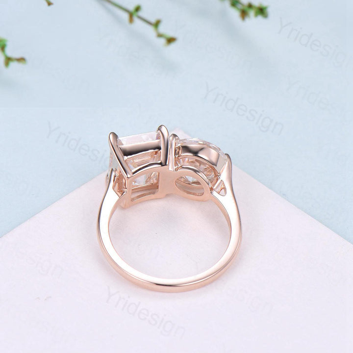 Two stone moissanite engagement ring 14k rose gold emerald round moisaanite plain rose gold wedding ring minimalist anniversary bridal gifts - PENFINE