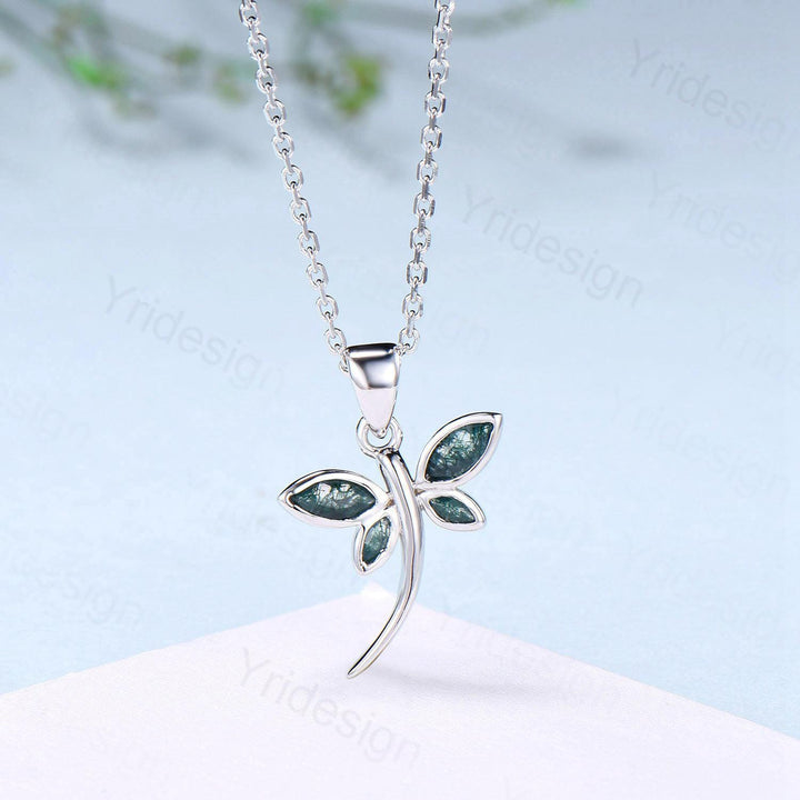 Dainty Marquise Cut Moss Agate Necklace Bezel Set Green Agate Dragonfly Accompany Necklace Pendant Necklace Unique Anniversary Gift Women - PENFINE
