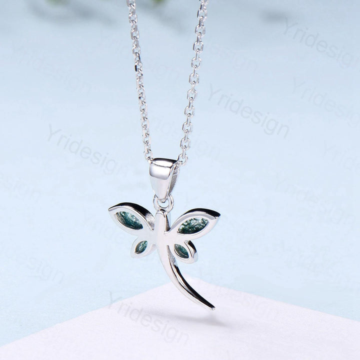Dainty Marquise Cut Moss Agate Necklace Bezel Set Green Agate Dragonfly Accompany Necklace Pendant Necklace Unique Anniversary Gift Women - PENFINE