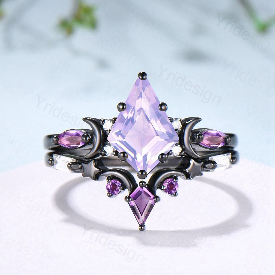 Unique Black gold kite cut lavender amethyst ring Unique crescent moon star purple engagement ring delicate amethyst 2pcs bridal wedding set - PENFINE