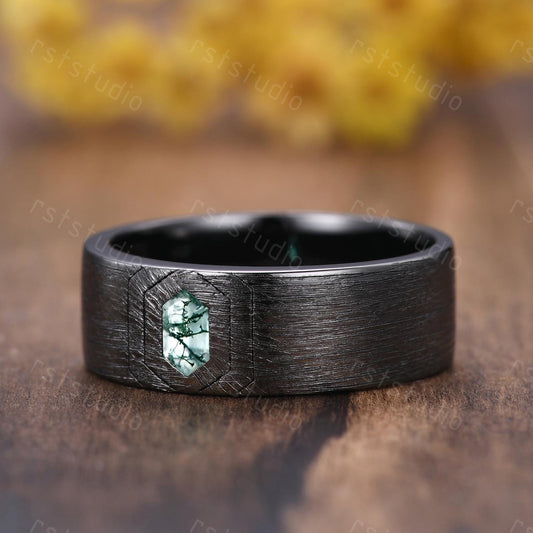 Mens Gothic Moss Agate Wedding Ring: Black Gold Hexagon Band