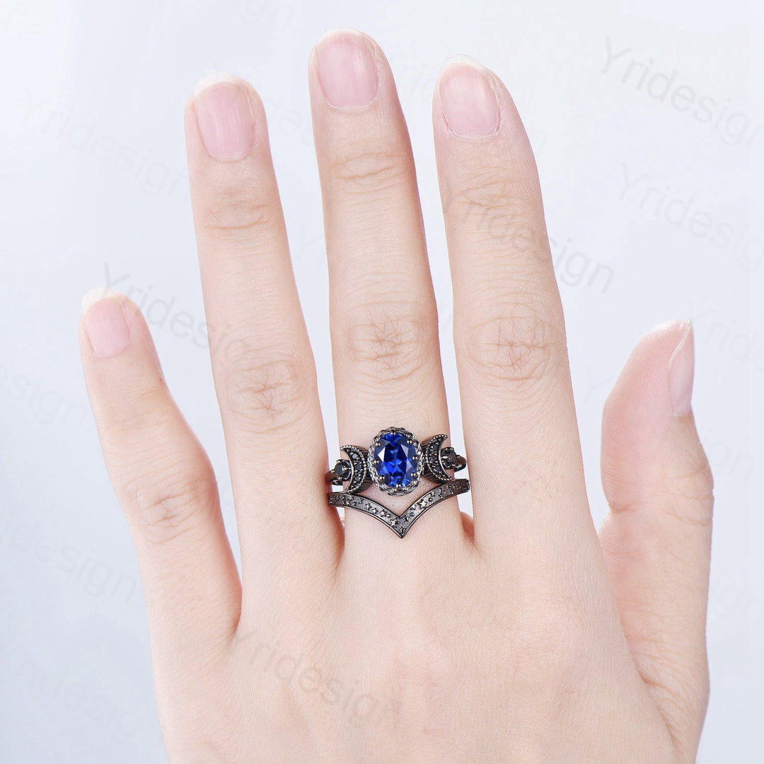 Unique moon star ring Oval blue sapphire wedding ring set Black gold gothic engagement ring set crescent moon sapphire bridal set for women - PENFINE