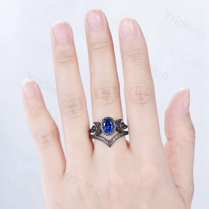 Unique moon star ring Oval blue sapphire wedding ring set Black gold gothic engagement ring set crescent moon sapphire bridal set for women - PENFINE