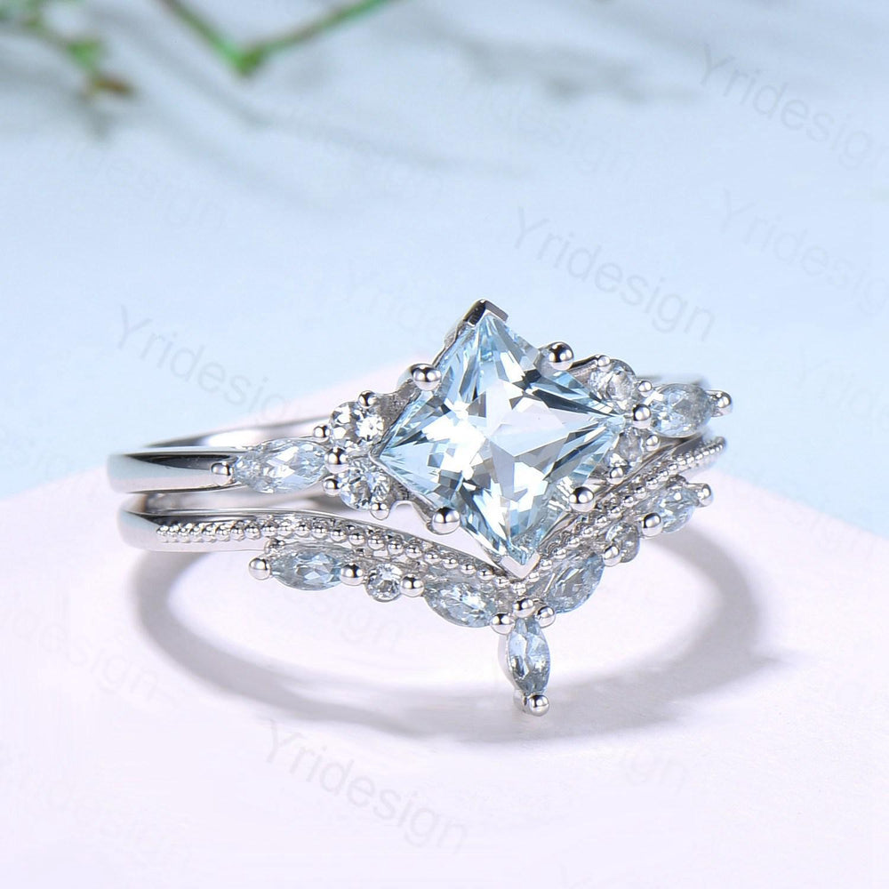 Art Deco Princess Cut Natural Aquamarine Engagement Ring Set Silver Rose Gold Unique 2CT March Birthstone Bridal Wedding Ring Set For Women - PENFINE