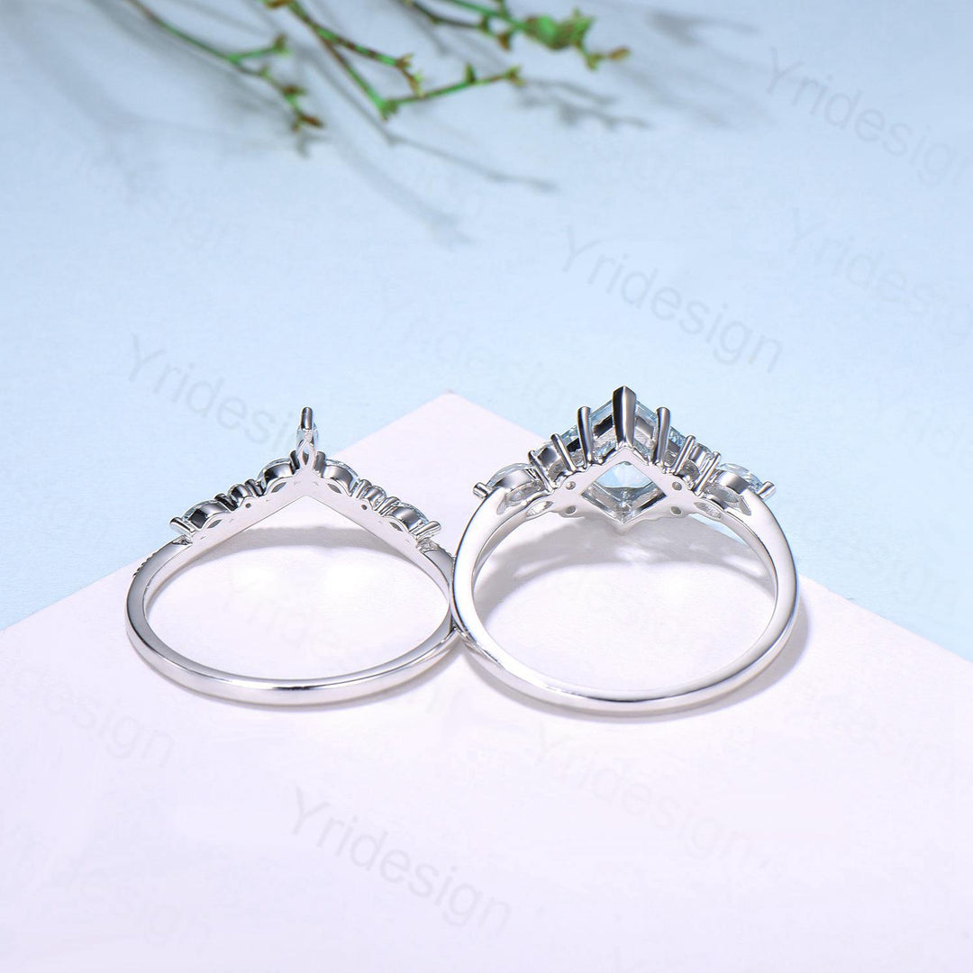 Art Deco Princess Cut Natural Aquamarine Engagement Ring Set Silver Rose Gold Unique 2CT March Birthstone Bridal Wedding Ring Set For Women - PENFINE