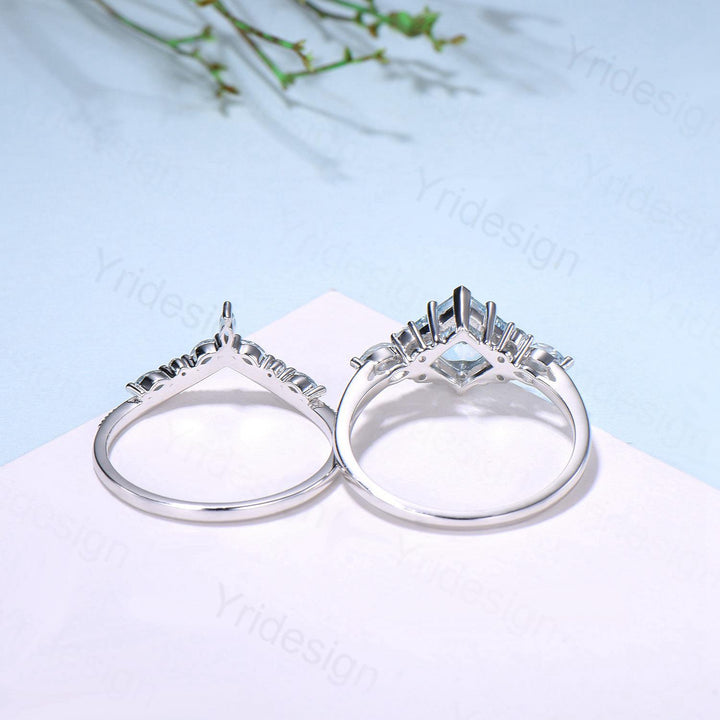 Art Deco Princess Cut Natural Aquamarine Engagement Ring Set Silver Rose Gold Unique 2CT March Birthstone Bridal Wedding Ring Set For Women - PENFINE