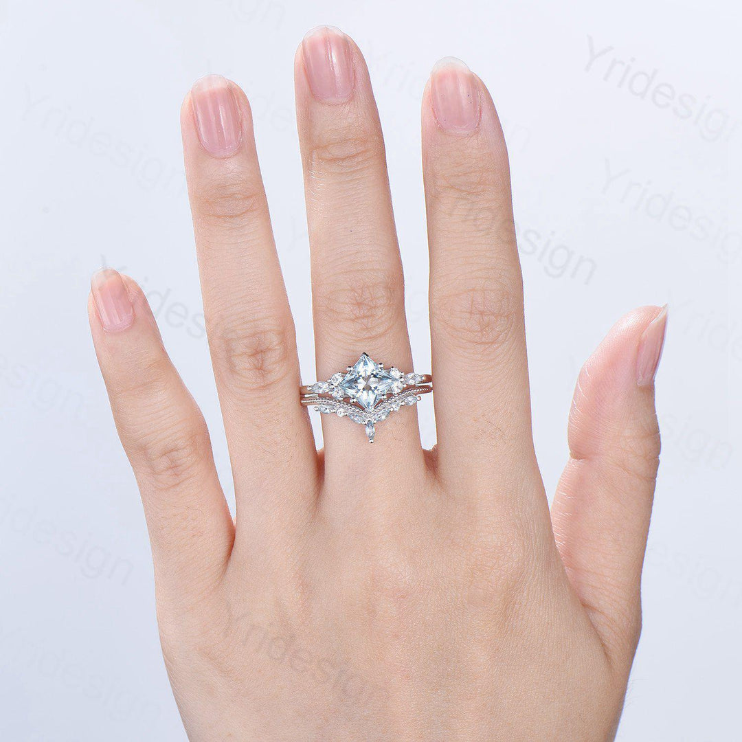 Art Deco Princess Cut Natural Aquamarine Engagement Ring Set Silver Rose Gold Unique 2CT March Birthstone Bridal Wedding Ring Set For Women - PENFINE