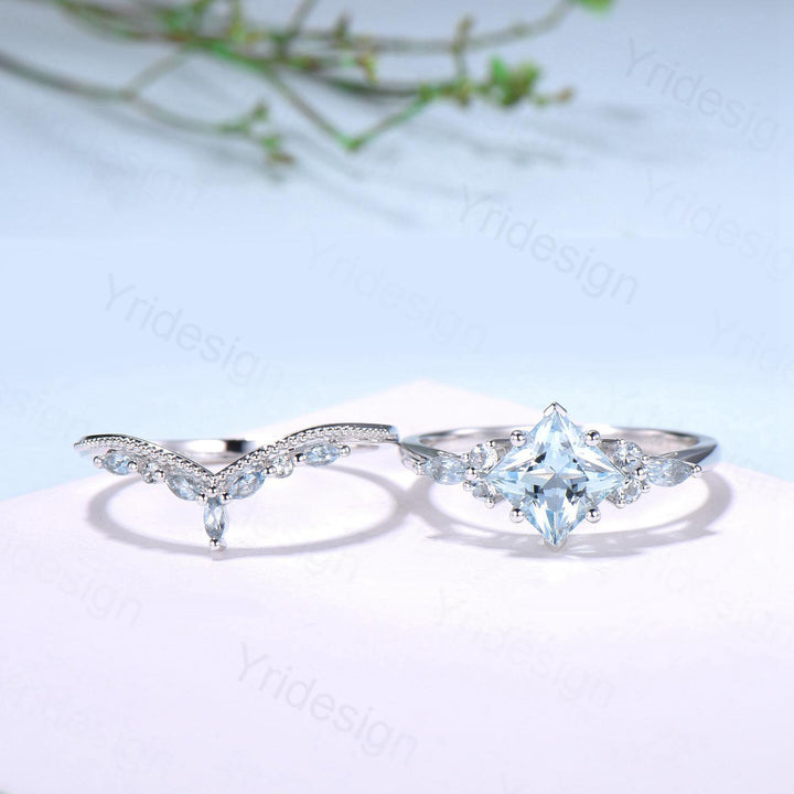 Art Deco Princess Cut Natural Aquamarine Engagement Ring Set Silver Rose Gold Unique 2CT March Birthstone Bridal Wedding Ring Set For Women - PENFINE