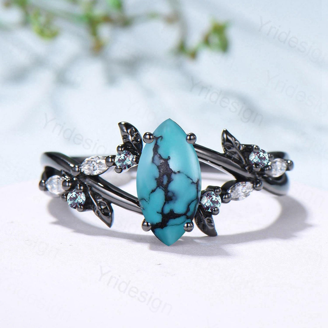 Unique Goth Turquoise Engagement Ring Natural Inspired Gothic Marquise Black Gold Ring Leaves Split Shank Cluster Alexandrite Wedding Ring - PENFINE