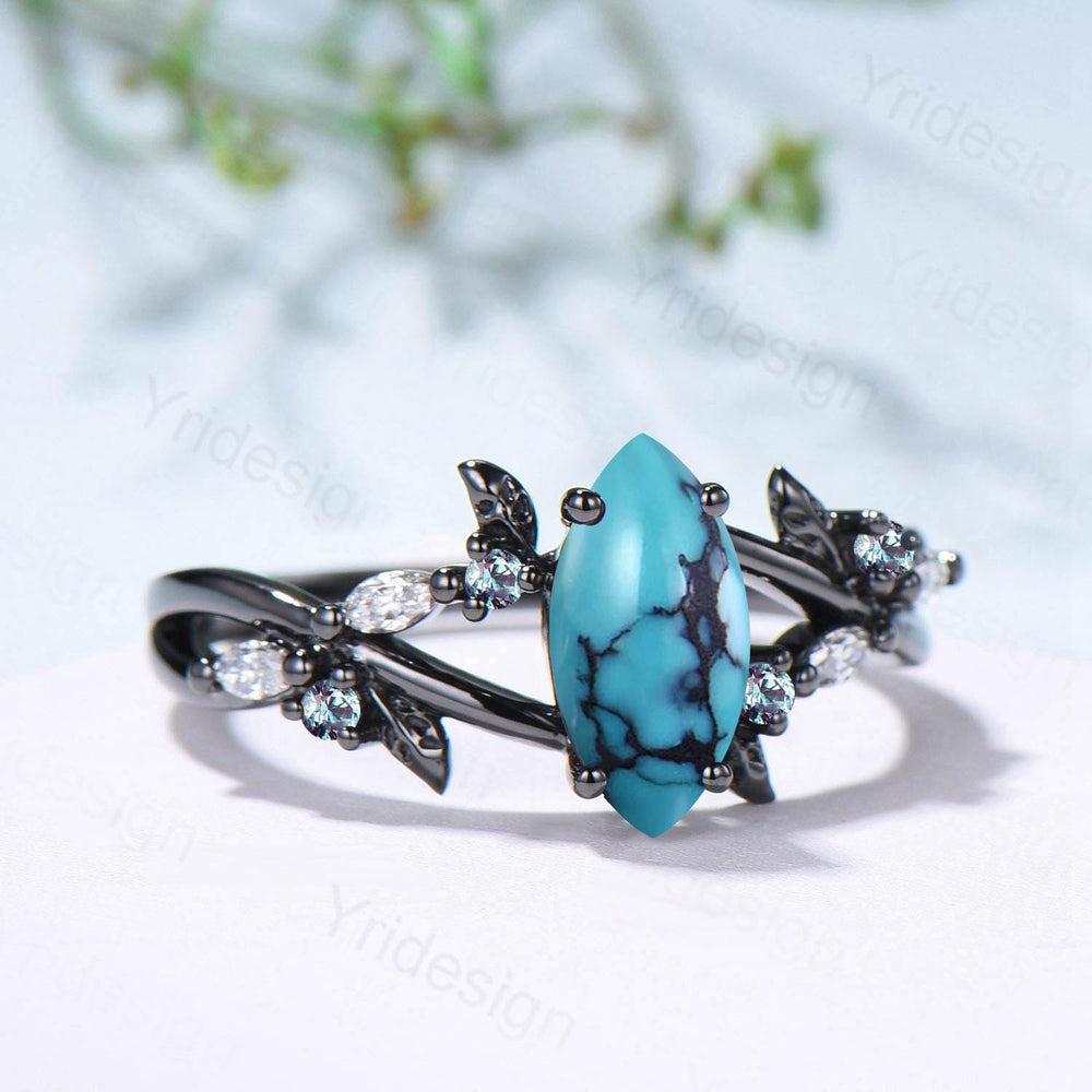Unique Goth Turquoise Engagement Ring Natural Inspired Gothic Marquise Black Gold Ring Leaves Split Shank Cluster Alexandrite Wedding Ring - PENFINE