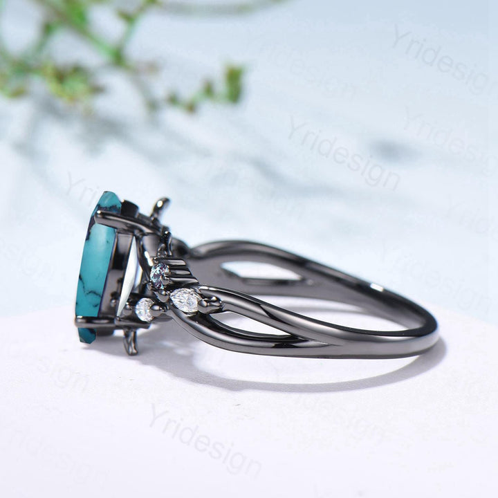 Unique Goth Turquoise Engagement Ring Natural Inspired Gothic Marquise Black Gold Ring Leaves Split Shank Cluster Alexandrite Wedding Ring - PENFINE