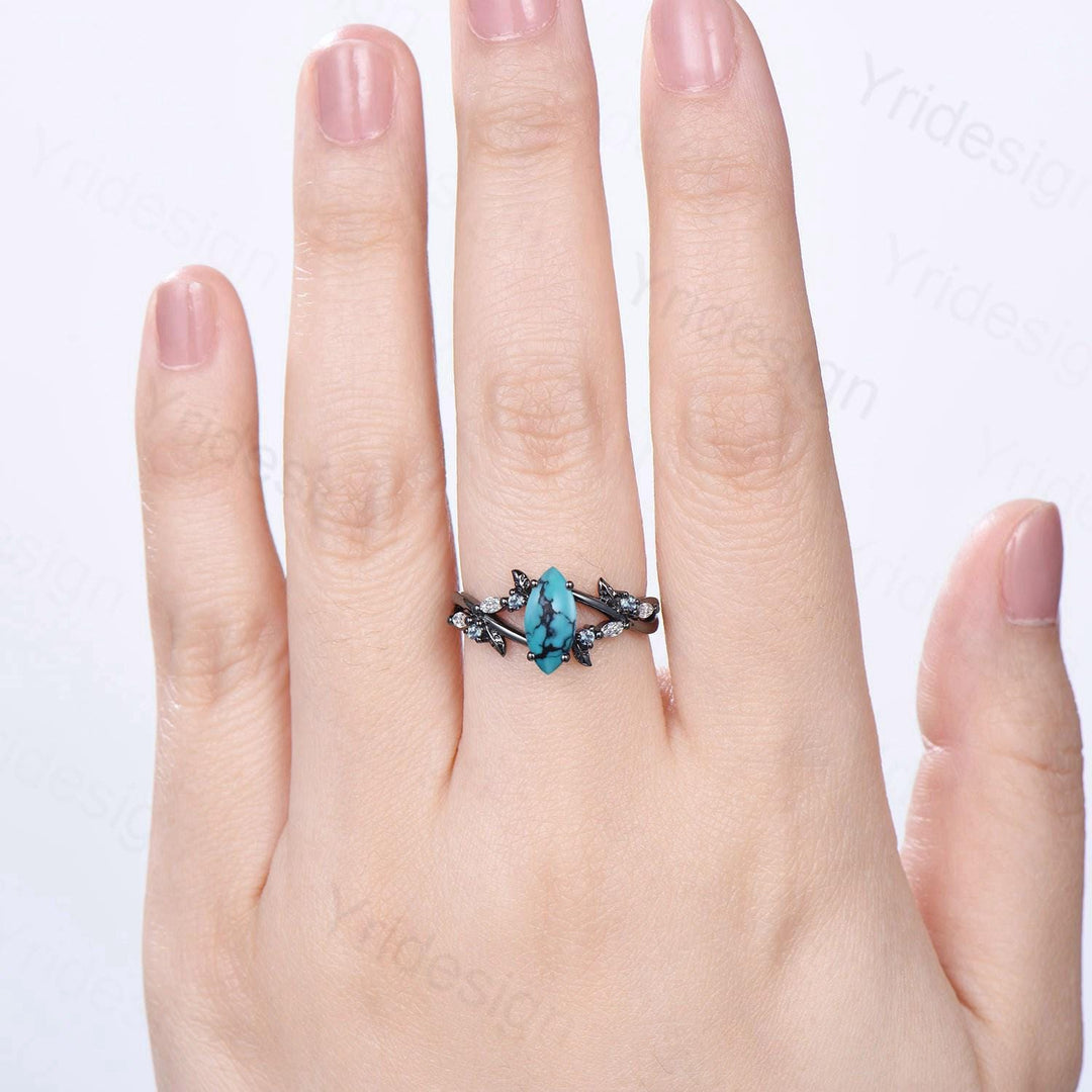 Unique Goth Turquoise Engagement Ring Natural Inspired Gothic Marquise Black Gold Ring Leaves Split Shank Cluster Alexandrite Wedding Ring - PENFINE