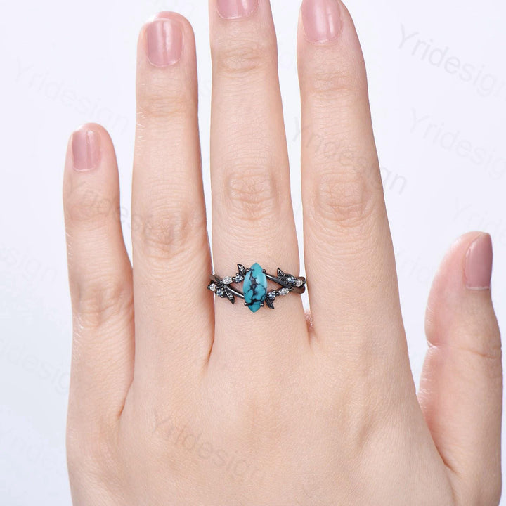Unique Goth Turquoise Engagement Ring Natural Inspired Gothic Marquise Black Gold Ring Leaves Split Shank Cluster Alexandrite Wedding Ring - PENFINE