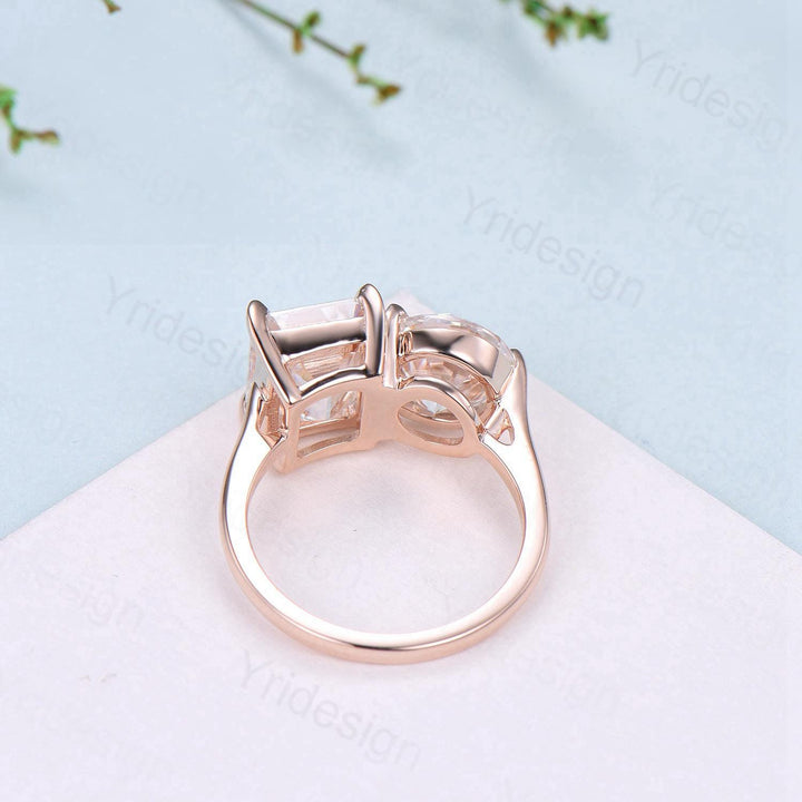 Minimalist Two stone engagement ring 14k rose gold emerald cut citrine and round peridot wedding ring Plain Band anniversary bridal gifts - PENFINE