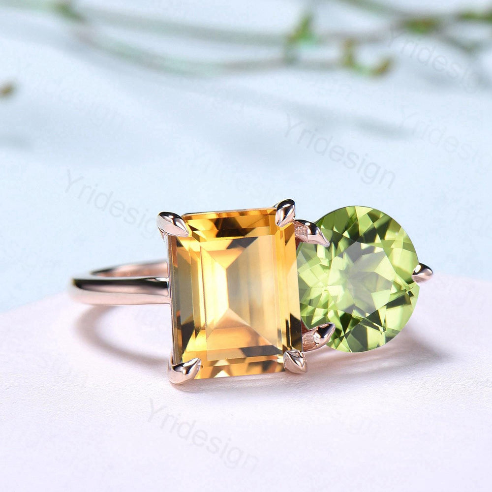 Minimalist Two stone engagement ring 14k rose gold emerald cut citrine and round peridot wedding ring Plain Band anniversary bridal gifts - PENFINE