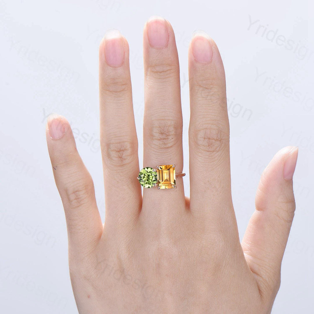 Minimalist Two stone engagement ring 14k rose gold emerald cut citrine and round peridot wedding ring Plain Band anniversary bridal gifts - PENFINE