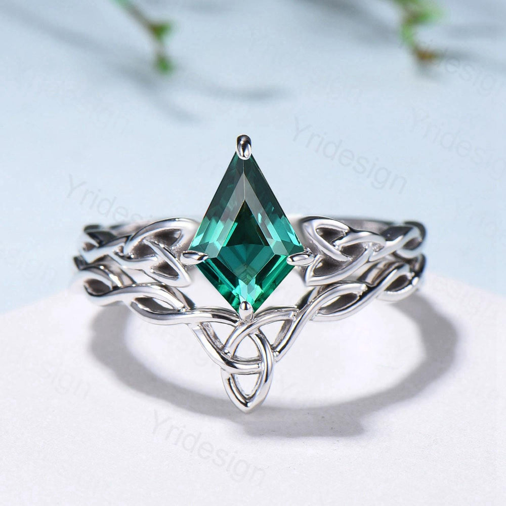 Emerald Wedding Ring Set, Norse Viking Lab Emerald Engagement Ring, Celtic Knot May Birthstone Jewelry, White Gold 2Pcs Twisted Bridal Set - PENFINE