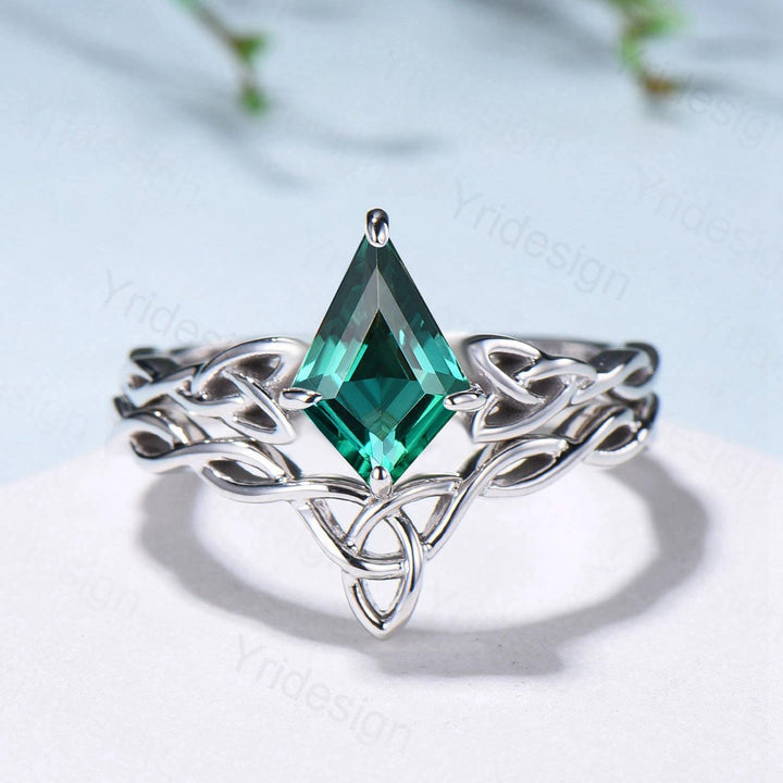 Emerald Wedding Ring Set, Norse Viking Lab Emerald Engagement Ring, Celtic Knot May Birthstone Jewelry, White Gold 2Pcs Twisted Bridal Set - PENFINE