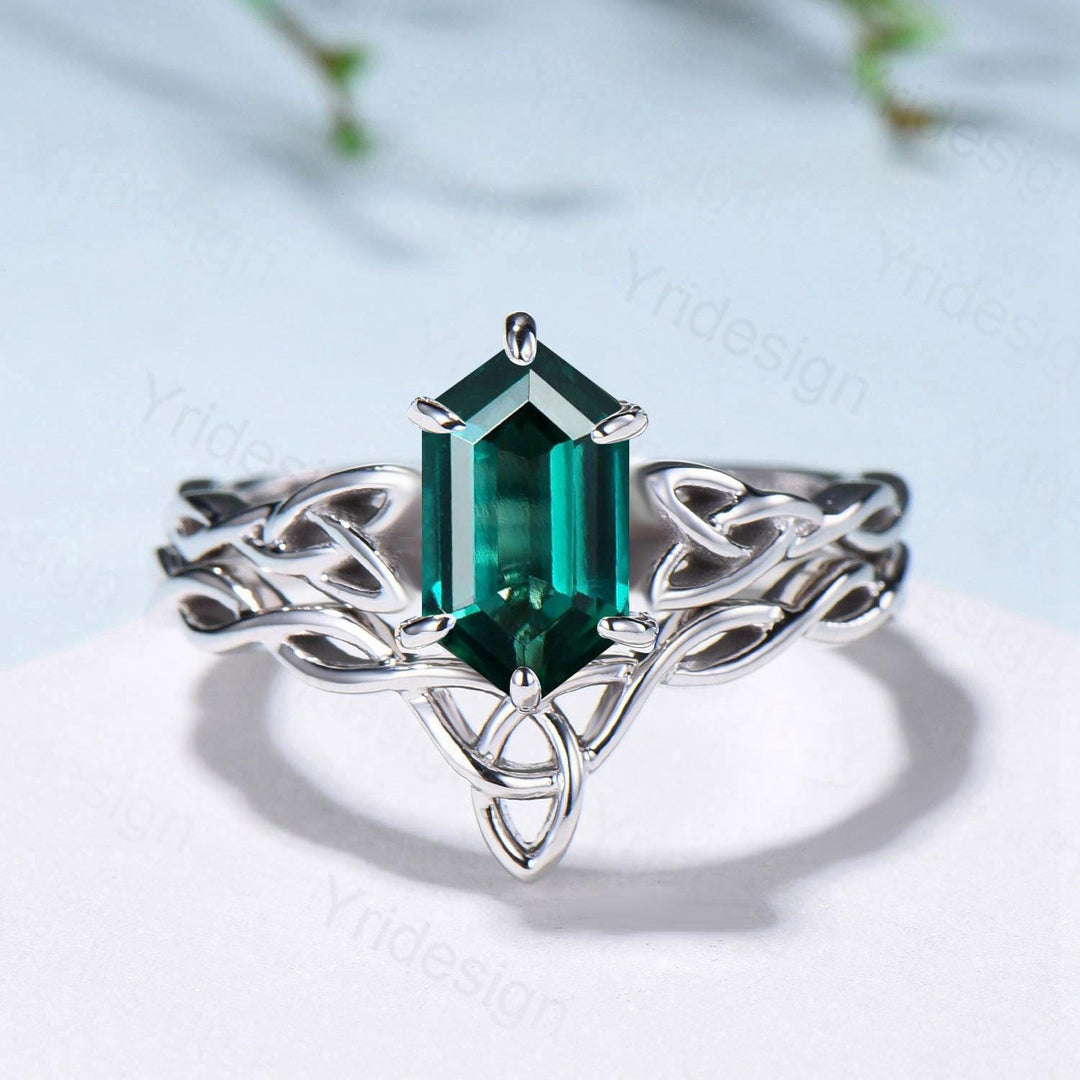 Emerald Wedding Ring Set, Norse Viking Lab Emerald Engagement Ring, Celtic Knot May Birthstone Jewelry, White Gold 2Pcs Twisted Bridal Set - PENFINE
