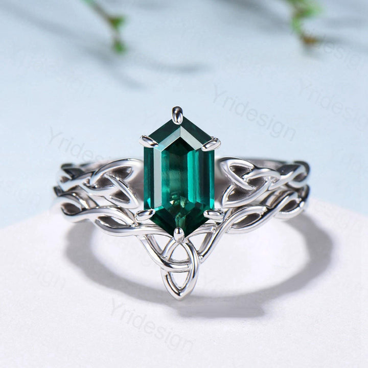 Emerald Wedding Ring Set, Norse Viking Lab Emerald Engagement Ring, Celtic Knot May Birthstone Jewelry, White Gold 2Pcs Twisted Bridal Set - PENFINE