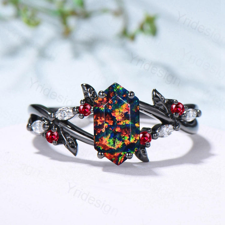 Unique Black Gold Fire Opal Ring Natural Inspired Gothic Long Hexagon Cut Opal Engagement Ring Leaves  Cluster Ruby Split Shank Wedding Ring - PENFINE