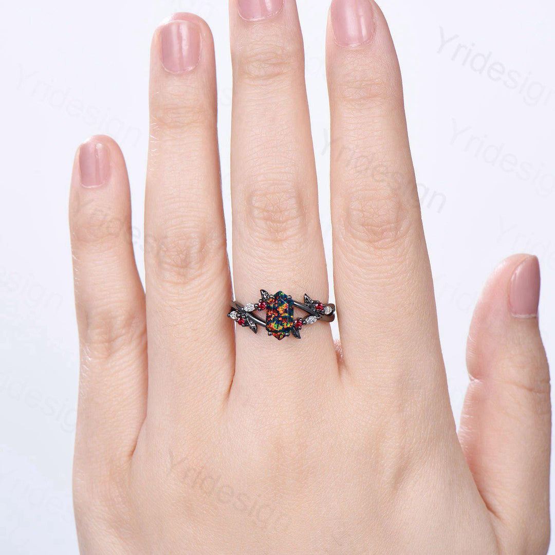 Unique Black Gold Fire Opal Ring Natural Inspired Gothic Long Hexagon Cut Opal Engagement Ring Leaves  Cluster Ruby Split Shank Wedding Ring - PENFINE
