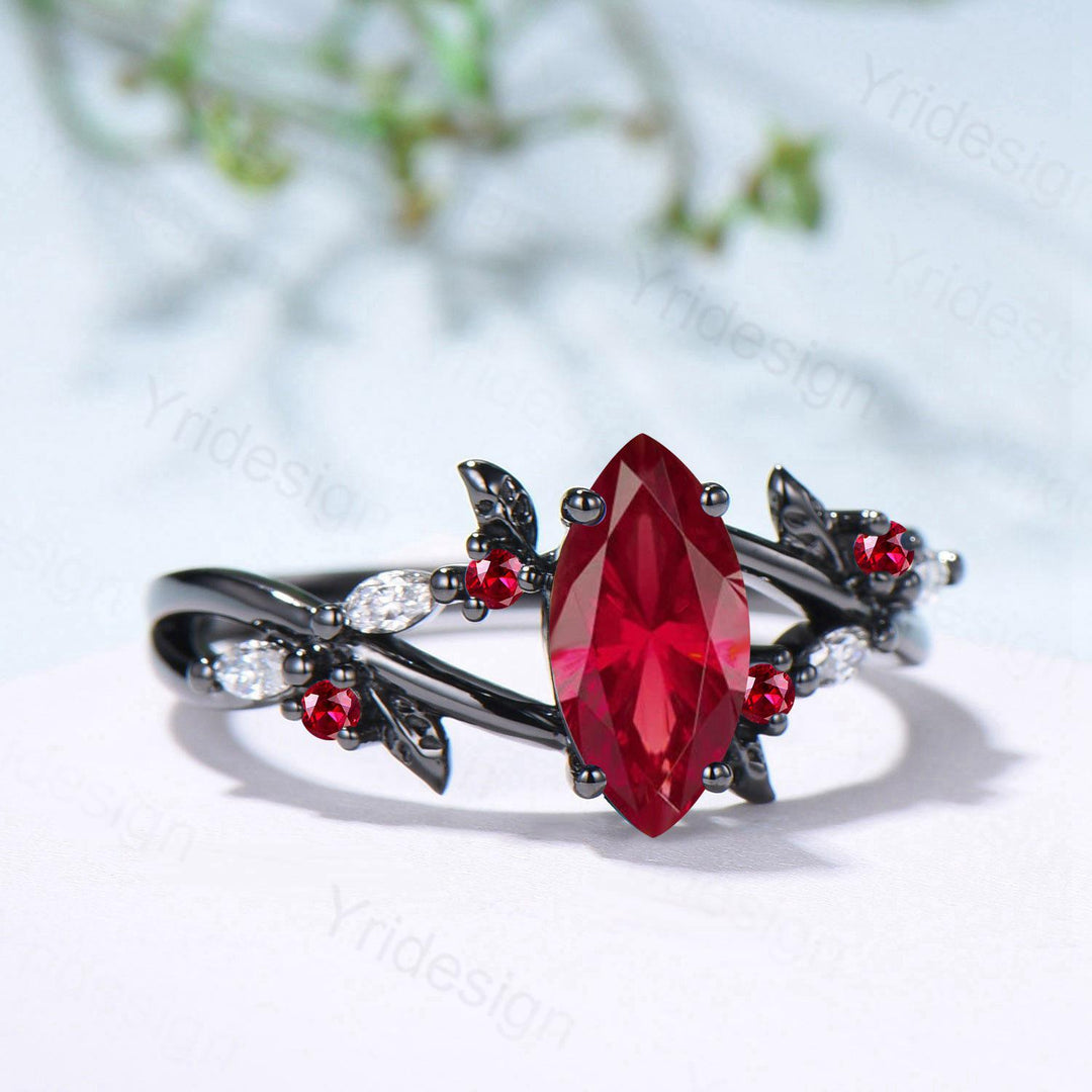 Unique Black Gold Ruby Ring Natural Inspired Gothic Marquise Cut Ruby Engagement Ring Leaves Cluster Moissanite Split Shank Wedding Ring - PENFINE