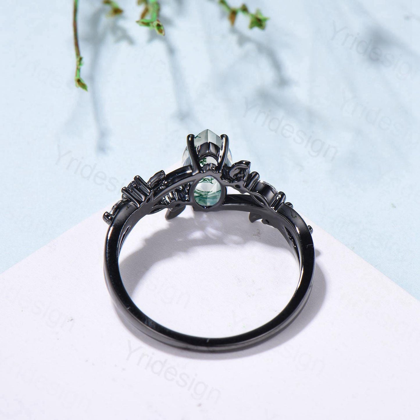 Unique Black Gold Moss Agate Ring Natural Inspired Gothic Marquise Cut Engagement Ring Branch Cluster Emerald Split Shank Wedding Ring Women - PENFINE
