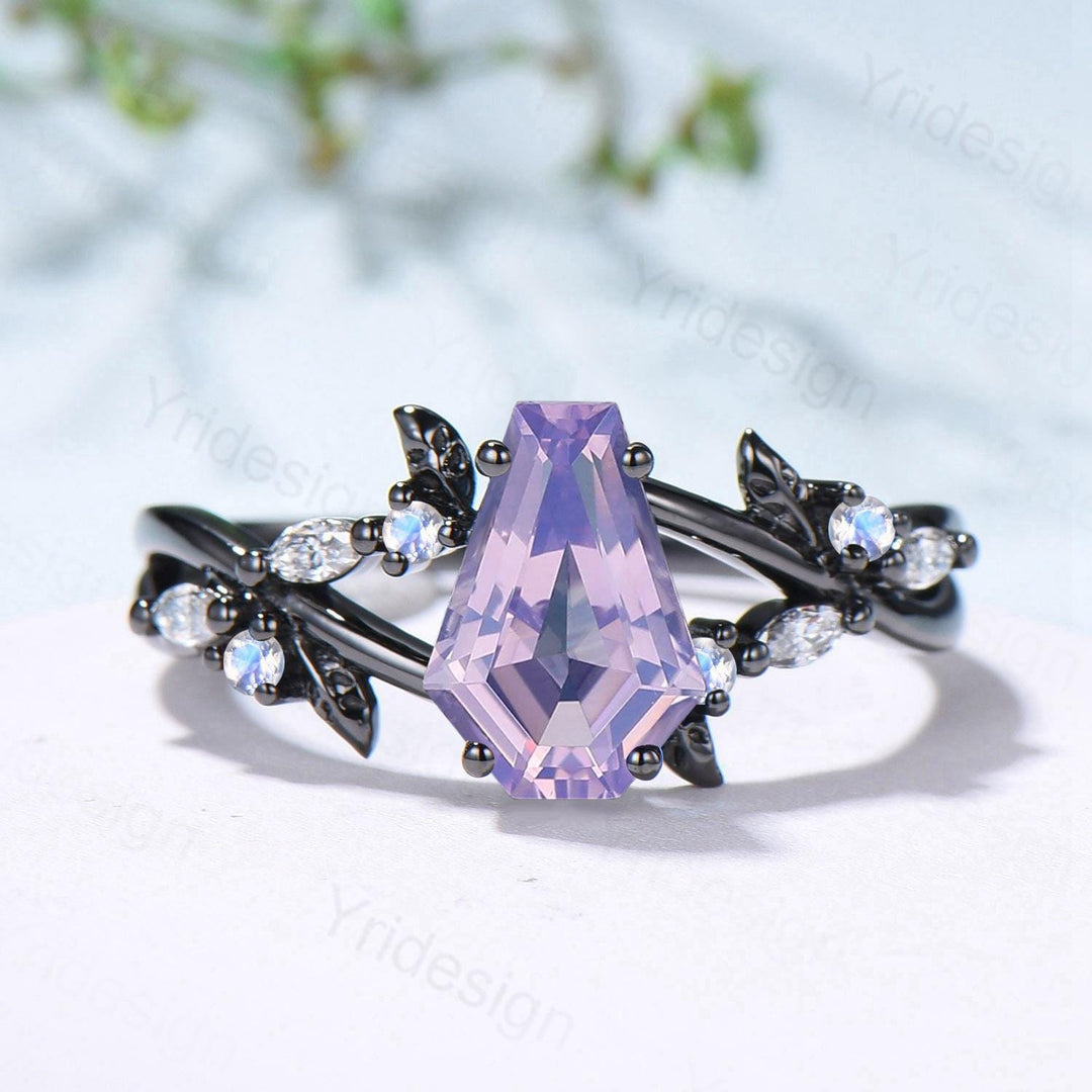 Unique Lavender Amethyst Engagement Ring, Black Gold Gothic Ring, Cluster Moonstone Wedding Ring, Split Shank Coffin Ring Anniversary Gift - PENFINE