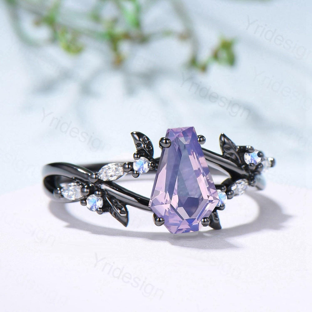 Unique Lavender Amethyst Engagement Ring, Black Gold Gothic Ring, Cluster Moonstone Wedding Ring, Split Shank Coffin Ring Anniversary Gift - PENFINE