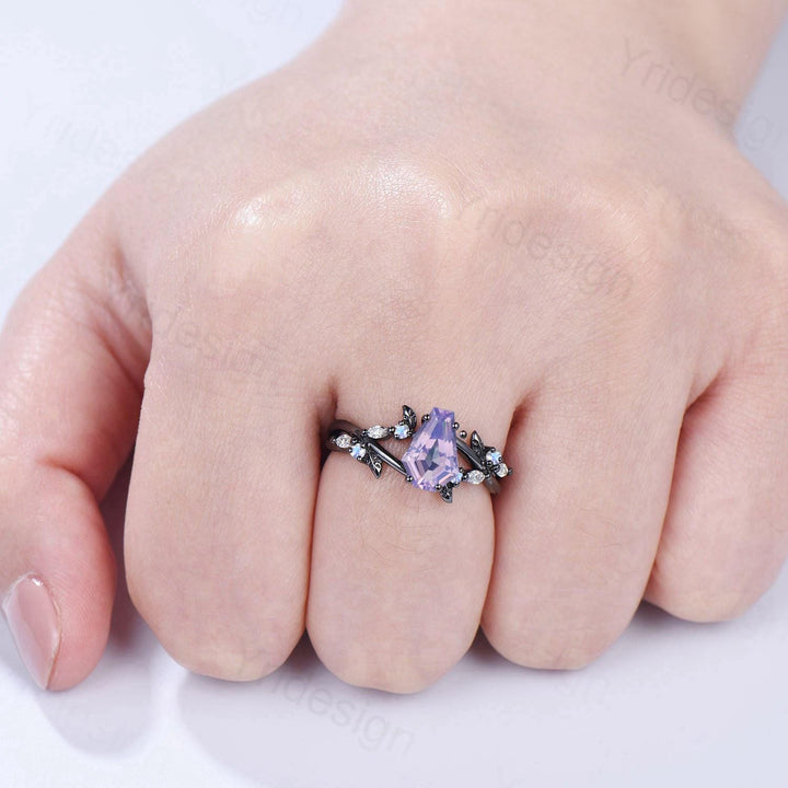 Unique Lavender Amethyst Engagement Ring, Black Gold Gothic Ring, Cluster Moonstone Wedding Ring, Split Shank Coffin Ring Anniversary Gift - PENFINE